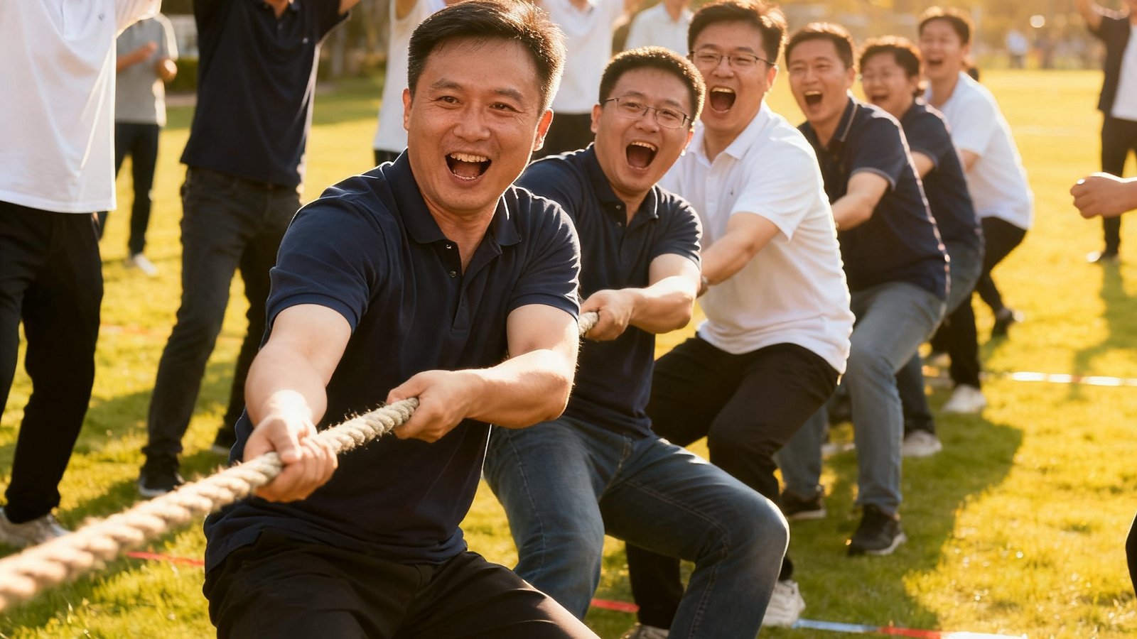 部门级别的趣味运动会上，员工们正在进行拔河比赛，周围同事热情呐喊助威，阳光洒在草坪上，气氛轻松愉快。